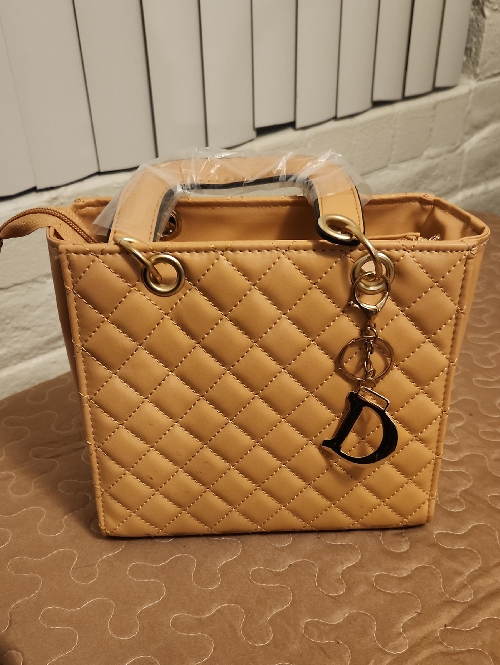 Quilted Top-Handle Satchel in Tan with Gold Charm Accent